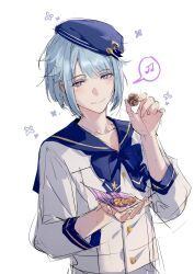 Rule 34 | 1boy, blue hair, blue ribbon, buttons, chinese commentary, closed mouth, commentary request, ensemble stars!, food, hat, highres, holding, holding food, light blue hair, long sleeves, looking at viewer, male focus, musical note, purple eyes, ribbon, rrr (reason), sailor collar, shino hajime, short hair, smile, solo, spoken musical note, upper body, white background