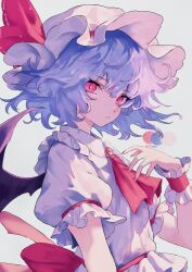Rule 34 | 1girl, ascot, closed mouth, collared shirt, commentary, fingernails, frilled shirt collar, frilled sleeves, frills, grey background, hat, hat ribbon, highres, long fingernails, looking at viewer, mob cap, nail polish, purple hair, red ascot, red eyes, red nails, red ribbon, remilia scarlet, ribbon, sharp fingernails, shirt, short hair, short sleeves, simple background, slit pupils, solo, theheavenpit, touhou, upper body, white hat, white shirt, wrist cuffs