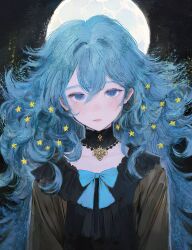 Rule 34 | 1girl, absurdres, backlighting, blue bow, blue bowtie, blue eyes, blue hair, bow, bowtie, closed mouth, expressionless, flat chest, full moon, hair between eyes, highres, light blush, long hair, looking at viewer, moon, original, shuta, solo, star (symbol), upper body, very long hair, wavy hair