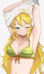 Rule 34 | 1girl, ;), ahoge, armpits, arms up, bikini, blonde hair, breasts, cleavage, closed mouth, clothes lift, collarbone, commentary request, front-tie bikini top, front-tie top, green bikini, green eyes, halterneck, highres, hiroki (yyqw7151), hoshii miki, idolmaster, idolmaster (classic), light blush, long hair, looking at viewer, medium breasts, one eye closed, shirt, shirt lift, simple background, smile, solo, standing, striped bikini, striped clothes, swimsuit, undressing, upper body, white background, white shirt