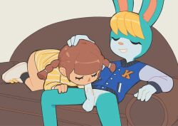 Rule 34 | 1boy, 1girl, animal crossing, animal crossing new horizons, animated, bottomless, brown hair, closed eyes, colored skin, couch, fellatio, fridge (artist), furry, furry male, furry with non-furry, hand on another&#039;s head, interspecies, jacket, nintendo, oral, rabbit, sasha (animal crossing), sitting, testicles, third-party edit, villager (animal crossing), white skin