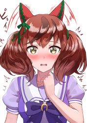Rule 34 | 1girl, ^^^, animal ears, blush, bow, brown eyes, brown hair, collarbone, commentary request, ear wiggle, green bow, hair bow, highres, horse ears, multicolored hair, niaru (r2pi), nice nature (umamusume), open mouth, puffy short sleeves, puffy sleeves, purple bow, purple shirt, school uniform, shirt, short sleeves, simple background, solo, speed lines, streaked hair, teeth, tracen school uniform, twintails, umamusume, upper body, upper teeth only, wavy mouth, white background