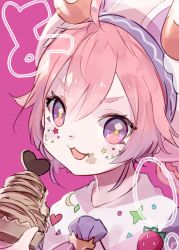 Rule 34 | 1girl, :3, :d, ahoge, blush, crescent, cupcake, facial hair, food, food on face, hair between eyes, hat, makihitsuji, nijisanji, open mouth, pink background, pink hair, pink hat, purple eyes, simple background, smile, solo, sparkle, star-shaped pupils, star (symbol), symbol-shaped pupils, ushimi ichigo, v-shaped eyebrows, virtual youtuber