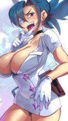 Rule 34 | 1girl, black choker, blue hair, breasts, choker, cleavage, cross-shaped pupils, eyepatch, gloves, hat, highres, large breasts, long hair, looking at viewer, mask, mask pull, medical eyepatch, mouth mask, nurse, nurse cap, open mouth, red eyes, ryuji (red-truth), short sleeves, simple background, skullgirls, smile, standing, sweat, symbol-shaped pupils, teeth, tongue, tongue out, upper teeth only, valentine (skullgirls), white background, white gloves