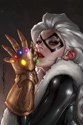 Rule 34 | 1girl, absurdres, avengers: infinity war, avengers (series), black bodysuit, black cat (marvel), bodysuit, commentary, domino mask, english commentary, fur trim, gloves, highres, infinity gauntlet, jee-hyung lee, long hair, looking at viewer, marvel, marvel cinematic universe, mask, simple background, skin tight, solo, spider-man (series), western comics (style)