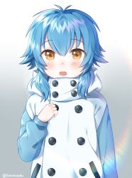 Rule 34 | 10s, 1boy, aged down, blue hair, brown eyes, buttons, child, coat, double-breasted, dramatical murder, gradient background, highres, male focus, open mouth, round teeth, seragaki aoba, solo, teeth, twitter username, ubi (ekdus6080), upper body