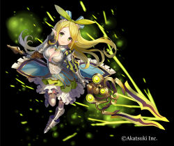 Rule 34 | 1girl, armor, armored boots, armored dress, black background, blonde hair, boots, breasts, cleavage, dress, frilled dress, frills, full body, gaou (umaiyo puyoman), gauntlets, green eyes, hair ribbon, highres, long hair, looking at viewer, official art, pointy ears, polearm, ribbon, smile, solo, spear, thousand memories, weapon