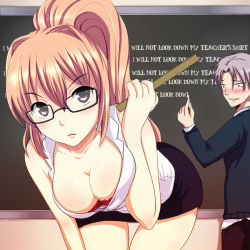 Rule 34 | 1boy, 1girl, bent over, blush, bra, breasts, brown hair, chalk, chalkboard, chalkboard writing, cleavage, collarbone, downblouse, english text, glasses, hair intakes, indoors, lace, lace-trimmed bra, lace trim, large breasts, looking at viewer, miniskirt, missnips, original, pencil skirt, ponytail, red bra, ruler, school, silver hair, skirt, standing, teacher, thigh gap, thighs, underwear