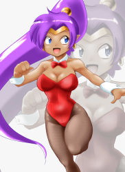 Rule 34 | 1girl, absurdres, alternate costume, animal ears, bare arms, bare shoulders, blue eyes, bow, bowtie, breasts, brown pantyhose, clenched hand, cowboy shot, dark-skinned female, dark skin, detached collar, earrings, eyebrows hidden by hair, eyes visible through hair, fake animal ears, fishnet pantyhose, fishnets, high ponytail, highres, hoop earrings, jewelry, large breasts, leotard, long hair, looking to the side, nanao futaba, neck, open mouth, pantyhose, playboy bunny, pointy ears, purple hair, rabbit ears, red bow, red bowtie, red leotard, running, shantae, shantae (series), simple background, smile, solo, strapless, strapless leotard, thick thighs, thighs, tiara, very long hair, white background, wrist cuffs, zoom layer