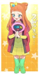 Rule 34 | 1girl, aikatsu! (series), aikatsu stars!, arched bangs, blue eyes, blush, border, cropped legs, crying, crying with eyes open, dotted line, double bun, fang, gradient background, green thighhighs, hair bun, hand fan, hand fan writing, happi, happy tears, holding, holding fan, jacket, japanese clothes, layered sleeves, long hair, long sleeves, moudoku (decopon3rd), open mouth, orange background, orange hair, outside border, paper fan, pigeon-toed, pleated skirt, red jacket, saotome ako, shirt, short over long sleeves, short sleeves, sidelocks, skirt, smile, solo, sparkle, standing, star (symbol), starry background, tears, thighhighs, translation request, two-handed, uchiwa, white border, wide sleeves, yellow shirt, yellow skirt, zettai ryouiki