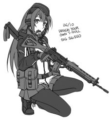 Rule 34 | 1girl, assault rifle, boots, closed mouth, dated, ear protection, full body, garrison cap, girls&#039; frontline, gloves, greyscale, gun, hat, highres, holding, holding gun, holding weapon, jacket, long hair, long sleeves, looking at viewer, monochrome, mouth hold, ndtwofives, original, pantyhose, pleated skirt, rifle, sidelocks, sig 500 (girls&#039; frontline) (ndtwofives), sig 550 (girls&#039; frontline) (ndtwofives), sig sg550, simple background, skirt, squatting, very long hair, weapon, white background