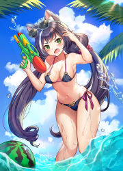 1girl animal_ear_fluff animal_ears arm_up bad_id bad_pixiv_id bare_shoulders bikini black_hair blue_bikini blue_sky blush bow breasts cameltoe cat_ears cleavage cloud collarbone covered_erect_nipples day eyewear_on_head fang food fruit green_eyes hair_bow halterneck highres karyl_(princess_connect!) large_breasts long_hair looking_at_viewer low_twintails medium_breasts multicolored_hair navel open_mouth outdoors pn_(wnsl216) princess_connect! purple_bow side-tie_bikini_bottom sky solo standing streaked_hair sunglasses swimsuit twintails very_long_hair wading water water_gun watermelon wet white_hair