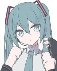 Rule 34 | 1girl, aqua eyes, aqua hair, aqua nails, bad id, bad pixiv id, bare shoulders, black sleeves, chestnut mouth, commentary, detached sleeves, giryu, hair between eyes, hand up, hatsune miku, headphones, headset, long hair, looking at viewer, nail polish, open mouth, portrait, sleeves past wrists, solo, twintails, vocaloid, white background