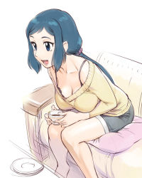 Rule 34 | 10s, 1girl, :d, blue eyes, blue hair, blush, bra, breasts, cleavage, cup, denim, denim shorts, downblouse, gundam, gundam build fighters, iori rinko, large breasts, leaning forward, long hair, matching hair/eyes, mature female, open mouth, ponytail, shorts, sitting, smile, solo, sweater, teacup, ueyama michirou, underwear