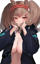 Rule 34 | 1girl, absurdres, angelina (arknights), arknights, black jacket, blush, breasts, brown hair, cleavage, hair between eyes, hairband, hands on own face, highres, jacket, large breasts, long hair, long sleeves, nekomatamago, no bra, no shirt, open clothes, red eyes, red hair, red hairband, solo, striped clothes, striped hairband, twintails, two-tone hairband