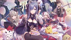 Rule 34 | 4girls, antenna hair, august von parseval (azur lane), azur lane, bare shoulders, bismarck (azur lane), black gloves, black thighhighs, blonde hair, blue eyes, breasts, brown eyes, cake, cleavage, closed mouth, collar, commentary request, cross-laced clothes, csyday, detached sleeves, eating, food, frilled collar, frills, gloves, grey hair, hand on own hip, hat, highres, holding, holding plate, indoors, large breasts, luetzow (azur lane), manjuu (azur lane), military hat, military uniform, multicolored hair, multiple girls, open mouth, plate, pointing, pointing at viewer, prinz eugen (azur lane), purple hair, red gloves, smile, streaked hair, thighhighs, tongue, tongue out, two-tone gloves, uniform, white gloves, wide sleeves, yellow eyes
