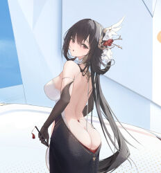 1girl ass azur_lane back backless_dress backless_outfit bare_back bare_shoulders between_buttocks black_dress black_gloves black_hair blush breasts butt_crack chen_hai_(azur_lane) choker day dress elbow_gloves from_behind galodos gem gloves gold_trim hair_between_eyes hair_ornament hand_fan highres holding holding_fan large_breasts long_hair looking_at_viewer looking_back open_mouth outdoors red_eyes red_gemstone sideboob solo standing string tassel white_choker