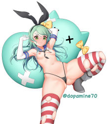 Rule 34 | 1girl, alternate costume, armpits, arms up, ass, bang dream!, bikini, black bikini, black panties, blush, breasts, breasts out, cameltoe, cleft of venus, commentary request, cosplay, detached sleeves, dopamine70, dress, elbow gloves, gloves, green eyes, green hair, hairband, highleg, highleg panties, highres, hikawa sayo, kantai collection, long hair, lying, navel, nipples, no pants, on back, paid reward available, panties, sailor collar, shimakaze (kancolle), shimakaze (kancolle) (cosplay), simple background, skindentation, sleeveless, small breasts, solo, spread legs, striped clothes, striped thighhighs, swimsuit, thighhighs, torn clothes, torn dress, torn thighhighs, underwear, wavy mouth, white background, white gloves, x x