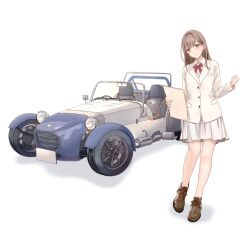 Rule 34 | 1girl, bare legs, bow, bowtie, brown eyes, brown footwear, buttons, car, caterham, caterham 7, clenched hand, clipboard, collared shirt, exhaust pipe, headlight, holding, holding clipboard, jacket, light blush, light brown hair, light smile, loafers, long hair, long sleeves, looking at viewer, motor vehicle, original, pleated skirt, race vehicle, racecar, red bow, red bowtie, shadow, shirt, shoes, simple background, skirt, solo, standing, steering wheel, tisato yuki, uniform, white background, white jacket, white skirt