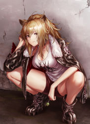 Rule 34 | 1girl, animal ears, arknights, black footwear, black jacket, blonde hair, boots, breasts, candy, choker, cleavage, closed mouth, floor, food, full body, fur collar, hand on own cheek, hand on own face, highres, holding, holding candy, holding food, holding lollipop, jacket, lion ears, lion girl, lion tail, lollipop, long hair, long sleeves, looking at viewer, ponytail, red shorts, shinachiku (uno0101), shirt, shorts, siege (arknights), solo, squatting, tail, wall, white shirt, yellow eyes
