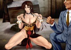 Rule 34 | 1boy, 1girl, 92penpen, bracelet, breasts, brown hair, capcom, china dress, chinese clothes, chun-li, cleavage, collar, dress, earrings, formal, glasses, highres, jewelry, kneeling, large breasts, leash, long hair, muscular legs, nail polish, restrained, spiked bracelet, spikes, street fighter, suit, thong, training suit