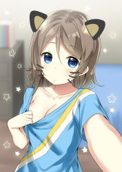 Rule 34 | 10s, 1girl, animal ears, bare arms, bed, bedroom, blue eyes, blue shirt, blurry, blush, book, breasts, brown hair, casual, cat ears, chest of drawers, cleavage, clothes pull, collarbone, depth of field, drawn whiskers, eyelashes, fake animal ears, floor, hair between eyes, highres, indoors, looking at viewer, love live!, love live! school idol festival, love live! sunshine!!, medium breasts, o3o, outstretched arm, reaching, reaching towards viewer, selfie, shirt, shirt pull, short hair, short sleeves, sky-freedom, solo, star (symbol), t-shirt, upper body, wall, watanabe you, whiskers