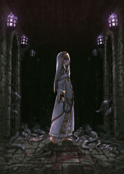 Rule 34 | 1girl, blonde hair, chain, chained, chained wrists, closed mouth, fire, hair between eyes, hallway, headpiece, hibi gakeppuchi, highres, indoors, long hair, long sleeves, looking at viewer, nun, original, purple eyes, robe, solo, tentacles, walking, white robe
