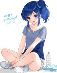 Rule 34 | 1girl, :d, aikatsu!, aikatsu! (series), anz32, bad id, bad pixiv id, blue eyes, blue hair, blue scrunchie, bottle, commentary request, crossed ankles, dated, grey shirt, hair ornament, hair scrunchie, happy birthday, kiriya aoi, looking at viewer, open mouth, scrunchie, shirt, shoe soles, shoes, short shorts, short sleeves, shorts, side ponytail, sitting, smile, solo, star (symbol), star print, towel, twitter username, water bottle, white background, white footwear, white shorts