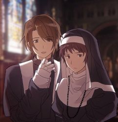 Rule 34 | 2boys, blurry, blurry background, brown eyes, brown hair, closed mouth, commentary request, crossdressing, eyes visible through hair, gloves, habit, highres, indoors, kl (reikishikl), koizumi itsuki, kyon, long sleeves, looking at viewer, male focus, multiple boys, nun, parted lips, priest, short hair, suzumiya haruhi no yuuutsu, traditional nun, white gloves