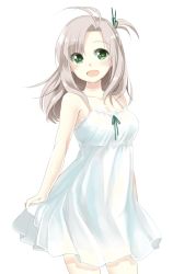 Rule 34 | 10s, 1girl, ahoge, alternate costume, bare shoulders, breasts, dress, green eyes, grey hair, hair ornament, hair tie, highres, kantai collection, kazuki kan, kinugasa (kancolle), long hair, looking at viewer, open mouth, simple background, smile, solo, teeth, white background, white dress