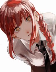 Rule 34 | 1girl, arms behind back, black necktie, braid, braided ponytail, chainsaw man, collared shirt, commentary request, dress shirt, formal, hair over shoulder, head tilt, highres, kuuchen (user gfxa5337), leaning forward, long hair, looking at viewer, makima (chainsaw man), necktie, open mouth, red hair, ringed eyes, shirt, sidelocks, simple background, single braid, sketch, smile, solo, staring, upper body, white background, white shirt, wing collar, yellow eyes