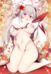 Rule 34 | 1girl, alcohol, bikini, blush, breasts, cup, hair ornament, highres, japanese clothes, kimono, large breasts, long hair, looking at viewer, miko (royal milk), navel, open clothes, open kimono, open mouth, original, red eyes, sakazuki, sake, silver hair, smile, solo, swimsuit, tabi, tassel, twintails, white legwear, wide sleeves