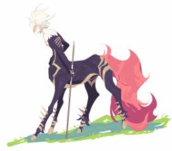 Rule 34 | 10r (tulipano), 1boy, ahoge, bad id, bad twitter id, bishounen, centaur, collar, earrings, fate/apocrypha, fate (series), grass, hooves, jewelry, karna (fate), male focus, monster boy, monsterification, simple background, solo, spiked collar, spiked hair, spikes, staff, tail, taur, white background, white hair