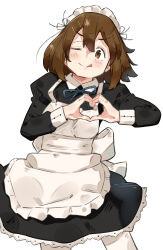 Rule 34 | 1girl, ;d, absurdres, apron, back bow, black dress, blue ribbon, bow, brown eyes, brown hair, dress, hair between eyes, heart, heart hands, highres, hirasawa yui, k-on!, light blush, looking at viewer, maid, maid headdress, one eye closed, open mouth, pantyhose, ribbon, sattinittas, short hair, sidelocks, simple background, smile, solo, tongue, tongue out, white background, white bow, white pantyhose