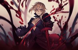 Rule 34 | 1girl, artoria pendragon (fate), black dress, blonde hair, blood, breasts, cleavage, closed mouth, commentary request, dress, excalibur morgan (fate), expressionless, fate/stay night, fate (series), gauntlets, grin, hiro (hirohiro gorira), holding, holding sword, holding weapon, looking at viewer, medium breasts, saber alter, smile, solo, sword, weapon, yellow eyes