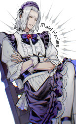 Rule 34 | 1boy, alternate costume, apron, bow, bowtie, center frills, chair, character name, crossdressing, crossed arms, dress, emet-selch, enmaided, feet out of frame, final fantasy, final fantasy xiv, frilled dress, frills, from side, frown, highres, lace-trimmed sleeves, lace trim, looking to the side, maid, maid apron, maid headdress, male focus, on chair, pantyhose, purple bow, purple bowtie, sagenoodles, shirt, short hair, sideways glance, simple background, sitting, solo, white apron, white background, white hair, white pantyhose, white shirt, wrist cuffs, yellow eyes
