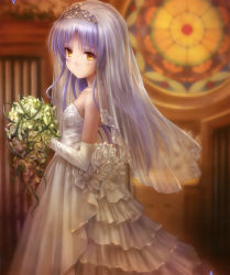 Rule 34 | 10s, 1girl, absurdres, angel beats!, blurry, bouquet, church, depth of field, dress, elbow gloves, flower, from side, glint, gloves, goto p, highres, holding, holding bouquet, indoors, jewelry, little busters!, long hair, necklace, rose, see-through, silver hair, sparkle, standing, tenshi (angel beats!), tiara, veil, wedding, wedding dress, yellow eyes