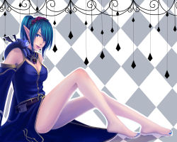 Rule 34 | 00s, 1girl, argyle, argyle background, argyle clothes, bare legs, bare shoulders, barefoot, belt, blue eyes, blue hair, cat, character request, colored eyelashes, creature, demon wings, detached sleeves, earrings, flower, hair ornament, highres, jewelry, konoe3, legs, light smile, lipstick, makeup, master of epic, matching hair/eyes, nail polish, pointy ears, rose, sitting, solo, wings