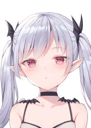 Rule 34 | 1girl, alexmaster, armpit crease, bare shoulders, black choker, choker, collarbone, hair ornament, long hair, looking at viewer, original, parted lips, pointy ears, red eyes, sidelocks, silver hair, simple background, slit pupils, solo, spaghetti strap, twintails, upper body, white background