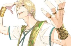 Rule 34 | 1boy, ancient greek clothes, blonde hair, chiton, earrings, fate/grand order, fate (series), green eyes, hand in own hair, jason (fate), jewelry, looking at viewer, male focus, pako (pakosun), short sleeves, simple background, solo, toga, upper body, white background