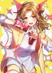 Rule 34 | 1girl, blush, bow, breasts, brown eyes, brown hair, chocolate, cowboy shot, dars, dot nose, food, hair bow, hair bun, hair ribbon, highres, holding, holding chocolate, holding food, ichikawa hinana, idolmaster, idolmaster shiny colors, jacket, large breasts, long hair, long sleeves, looking at viewer, necktie, open clothes, open jacket, open mouth, parted bangs, polka dot, polka dot background, red necktie, red ribbon, ribbon, shinishi chiho, shirt, shorts, single hair bun, single side bun, smile, solo, sparkle, standing, striped necktie, twitter username, w, white shirt, yellow background, yellow jacket, yellow shorts