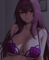 Rule 34 | 1girl, absurdres, bare shoulders, bed, bikini, bracelet, breasts, cleavage, collarbone, fate/grand order, fate (series), hair between eyes, highres, jewelry, large breasts, long hair, looking at viewer, on bed, parted lips, purple bikini, purple hair, red eyes, scathach (fate), scathach (fate/grand order), scathach (swimsuit assassin) (fate), sidelocks, sitting, solo, swimsuit, upper body, zaphn