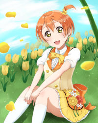 Rule 34 | 1girl, artist name, artist request, back bow, blue sky, bow, buttons, cloud, clover earrings, collared shirt, earrings, female focus, flower, hair between eyes, hair ornament, highres, hoshizora rin, jewelry, looking at viewer, love live!, love live! school idol project, orange hair, orange shirt, osonokichi, parted lips, puffy short sleeves, puffy sleeves, shirt, short hair, short sleeves, sky, solo, star (symbol), star hair ornament, white legwear, yellow eyes, yellow flower, yellow neckwear