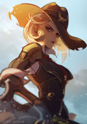 Rule 34 | 1girl, ashe (overwatch), asymmetrical hair, breasts, cigarette, cowboy hat, earrings, fingerless gloves, gloves, gun, hat, highres, jewelry, lipstick, looking at viewer, makeup, medium breasts, medium hair, mole, mole above mouth, necktie, overwatch, overwatch 1, red eyes, red lips, sai ichirou, shirt, short hair, smoking, solo, stud earrings, vest, weapon, white hair