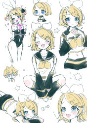Rule 34 | 1boy, 1girl, :3, absurdres, ahoge, animal ears, arms behind back, aroused, bare arms, bare legs, bare shoulders, black bow, black leotard, black ribbon, black sailor collar, black shorts, black sleeves, blonde hair, blue eyes, blush, bow, bow hairband, brother and sister, chibi, close-up, clothing cutout, cutout above navel, detached collar, detached sleeves, drooling, fake animal ears, flat chest, hair bow, hair ornament, hairband, hairclip, heart, heart-shaped pupils, heart cutout, highres, izumi no e, kagamine len, kagamine rin, leg warmers, leotard, looking at viewer, lying, midriff, multiple views, narrow waist, naughty face, navel, neckerchief, necktie, on stomach, open mouth, own hands clasped, own hands together, pink bow, pink necktie, pink pupils, playboy bunny, pole, rabbit ears, rabbit hole (vocaloid), ribbon, sailor collar, shirt, short hair, short necktie, short twintails, shorts, siblings, sketch, sleeveless, sleeveless shirt, smile, solo focus, stomach cutout, strapless, strapless leotard, stripper pole, sweat, symbol-shaped pupils, treble clef, trembling, twins, twintails, vocaloid, wavy mouth, white bow, white hair, yellow nails, yellow neckerchief, yellow necktie