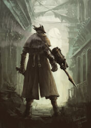 Rule 34 | 1other, ambiguous gender, artist name, belt, bloodborne, boots, brown capelet, brown coat, brown theme, capelet, coat, copyright name, from behind, full body, gauntlets, gloves, gun, handgun, harpoon, harpoon cannon, hat, highres, holding, holding gun, holding weapon, hunter (bloodborne), legs apart, limited palette, medium hair, outdoors, ponytail, smoke, solo, standing, tricorne, tripdancer, weapon, white background