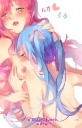 Rule 34 | 10s, 2016, 2girls, artist name, baozishark, blue eyes, blue hair, blush, breasts, character name, dated, hand on another&#039;s head, hatsune miku, heart, heart-shaped pupils, highres, lactation, licking, licking nipple, long hair, megurine luka, multiple girls, nipple stimulation, nipples, nude, open mouth, red hair, saliva, small breasts, symbol-shaped pupils, torogao, twintails, vocaloid, white background, yuri