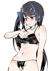 Rule 34 | 1girl, absurdres, arm between breasts, bare shoulders, between breasts, black bra, black hair, black panties, blue hair, blush, bow, bra, breasts, breathing, cowboy shot, crotchless, crotchless panties, girls&#039; frontline, groin, hair bow, hair ornament, hairclip, hexagram, highres, jericho (girls&#039; frontline), jingo, long hair, looking at hand, looking at viewer, multicolored hair, navel, panties, parted lips, purple eyes, pussy, simple background, solo, star of david, stomach, streaked hair, underwear, underwear only, white background