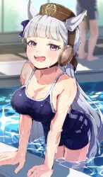 Rule 34 | 2girls, animal ears, bare shoulders, blue one-piece swimsuit, blush, bow, breasts, cleavage, commentary request, competition school swimsuit, competition swimsuit, ear bow, gold ship (umamusume), grey hair, highres, horse ears, horse girl, horse tail, komeko97, large breasts, long hair, multiple girls, one-piece swimsuit, open mouth, partially submerged, pillbox hat, purple bow, purple eyes, school swimsuit, smile, solo focus, swimsuit, tail, tracen swimsuit, umamusume, very long hair, water, wet