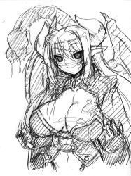 Rule 34 | 1girl, alma elma, artist request, ass, breasts, cleavage, demon girl, female focus, horns, large breasts, long hair, mon-musu quest!, monochrome, monster girl, pointy ears, smile, solo, tail, tattoo, thong, wings